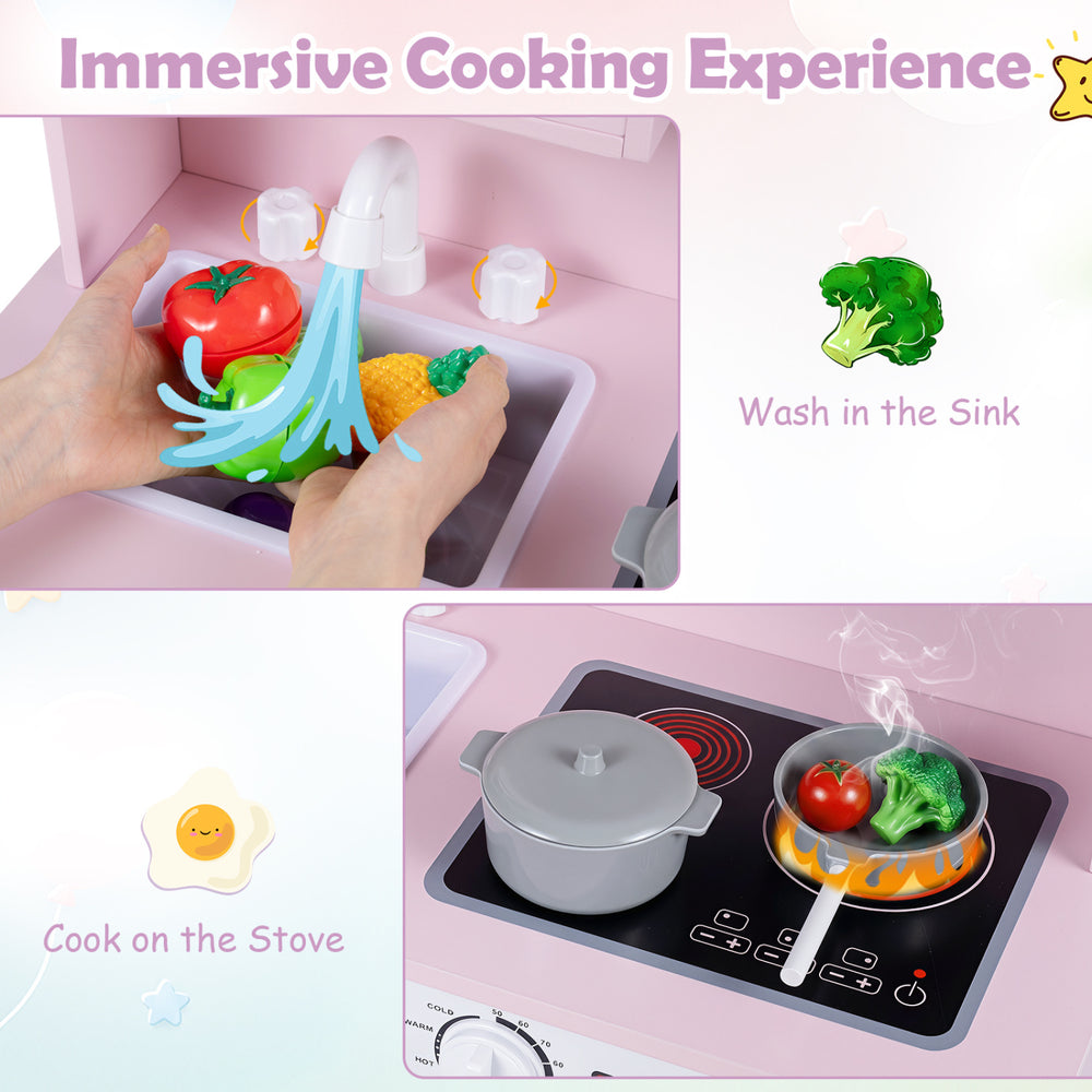 Play kitchen set in pink featuring a sink for washing vegetables and a stovetop for cooking with realistic accessories.