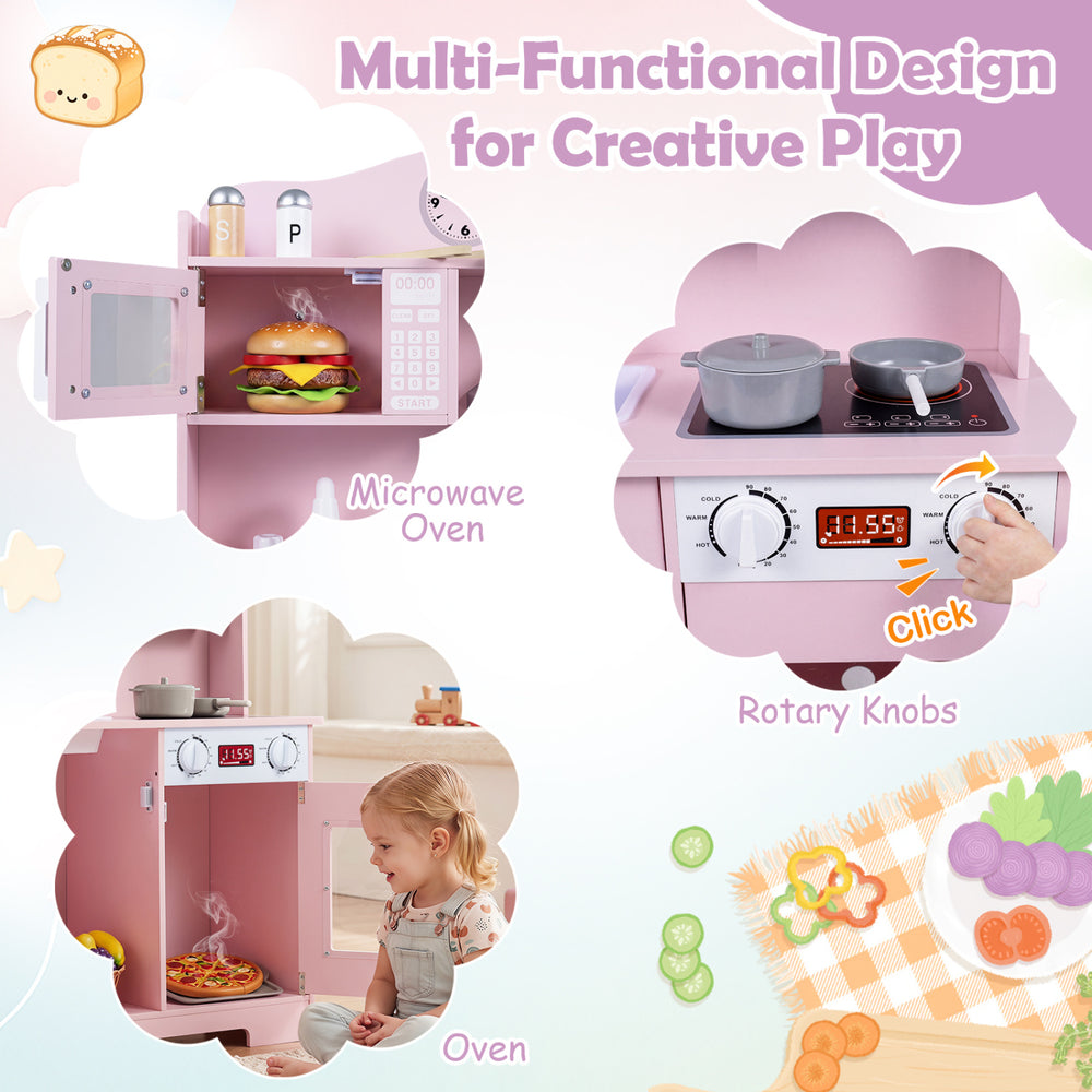 Wooden play kitchen set in pink featuring a microwave, oven, and rotary knobs for immersive pretend cooking fun.