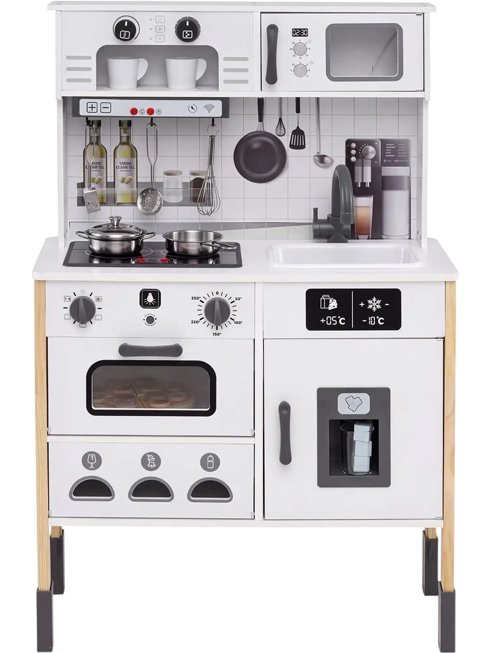 White play kitchen for kids shown from the front, with oven, microwave, sink, stove, lights and sounds.