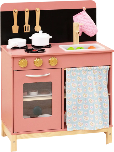 Costway Kids Wooden Play Kitchen Pink Door Curtain 475218693 New