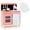 Wooden pink play kitchen set with oven, sink, and stove, featuring a door curtain and cookware accessories for.