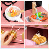 Wooden play kitchen set in pink featuring stoves, sink, and oven with rotary knobs for imaginative play and safety.