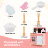 Wooden play kitchen set in pink with cookware accessories, including pot, pan, and utensils for imaginative play.