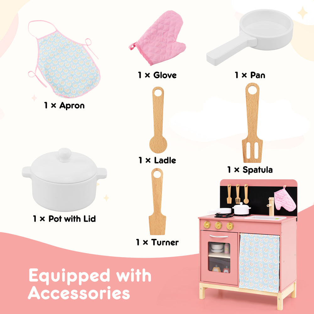 Wooden play kitchen set in pink with cookware accessories, including pot, pan, and utensils for imaginative play.