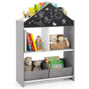 Playhouse kids bookshelf in gray with chalkboard, ample storage, and rounded corners for safe use in playrooms.