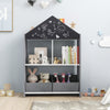 Playhouse kids bookshelf in gray with chalkboard, open design, and ample storage for toys and books in a child's room.