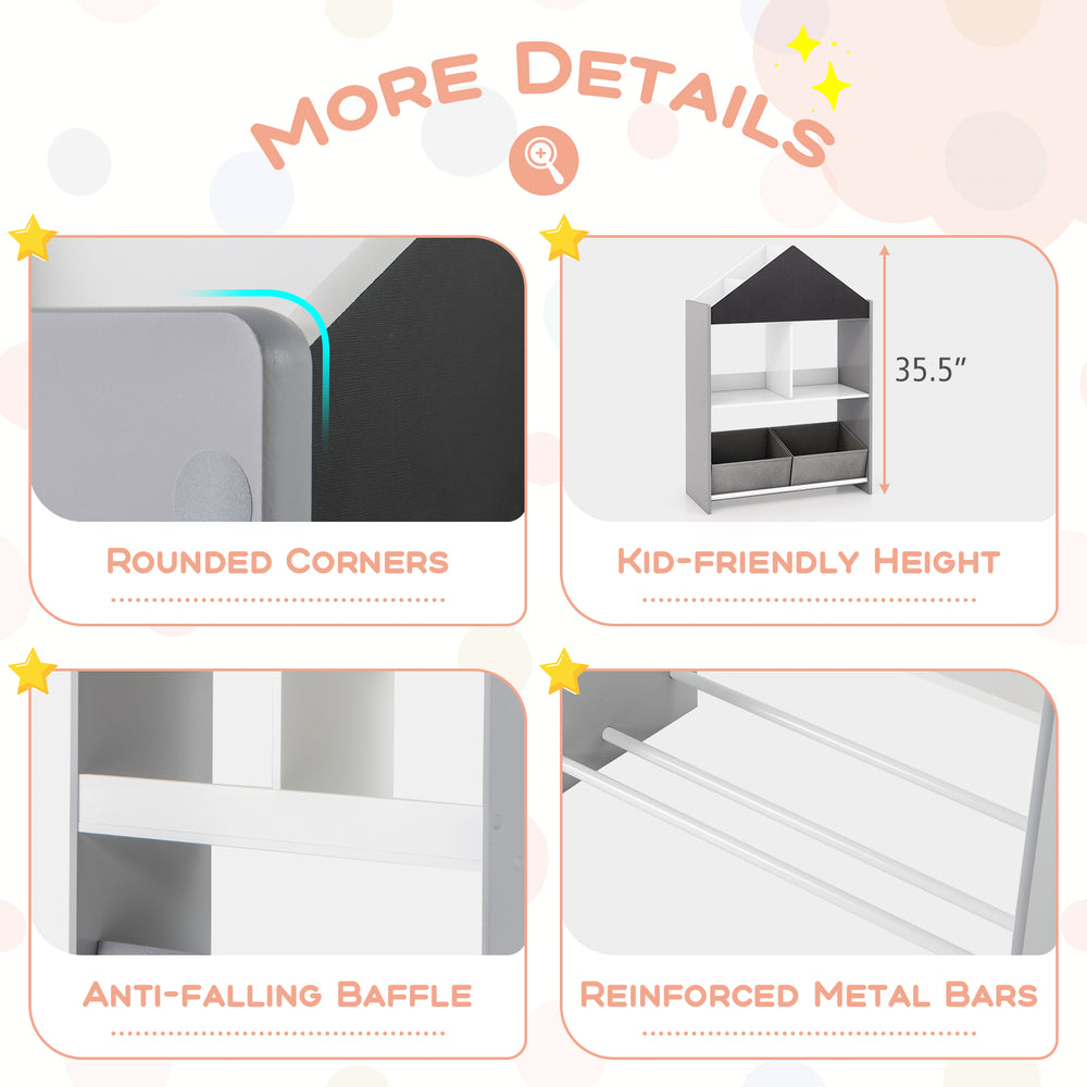 Playhouse kids bookshelf with chalkboard and whiteboard, 35.5" height, rounded corners, ideal for children's rooms.