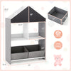 Playhouse kids bookshelf in gray with chalkboard, whiteboard, and two storage bins for creative organization.