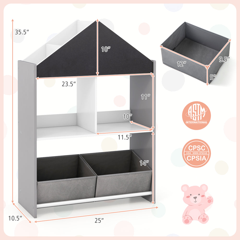 Playhouse kids bookshelf in gray with chalkboard, whiteboard, and two storage bins for creative organization.