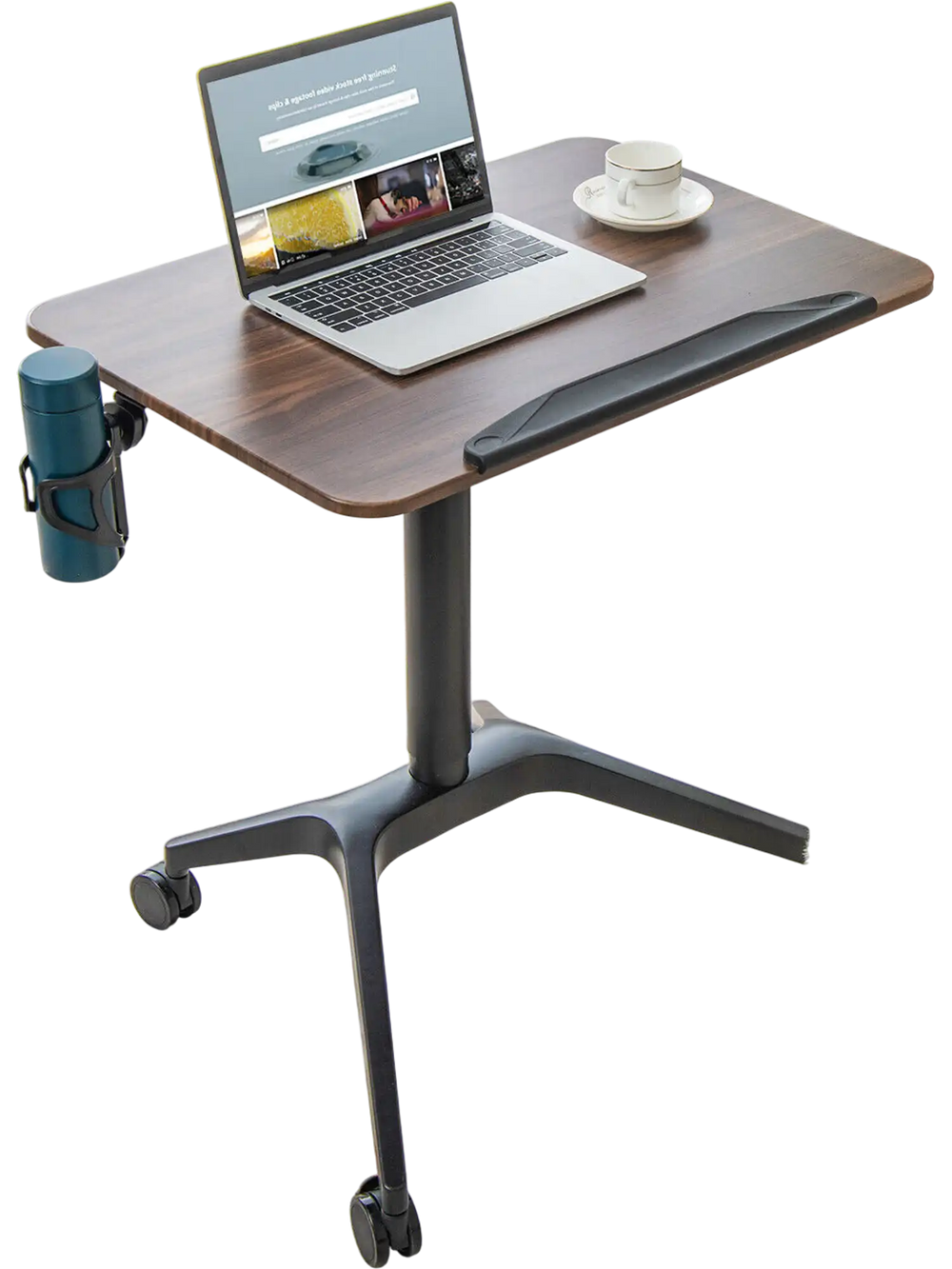 Pneumatic standing desk with adjustable height, anti-fall baffle, and cup holder, perfect for home office use.