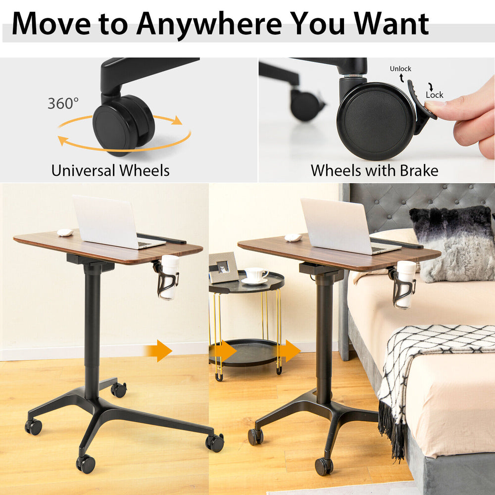 Pneumatic standing desk with adjustable height, anti-fall baffle, and cup holder, featuring 360° universal wheels.