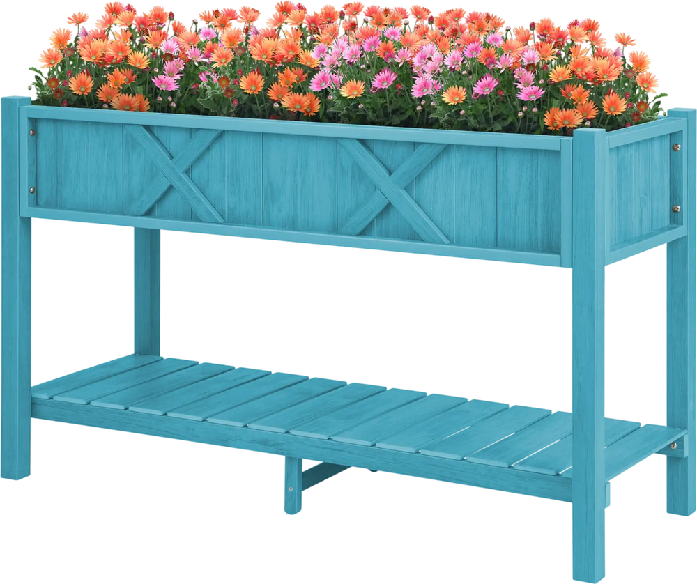 Elevated blue planter box with flowers, featuring drainage holes and a slatted shelf for gardening accessories.