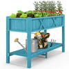 Blue poly wood elevated planter box with legs, featuring drainage holes and a shelf for gardening tools and accessories.