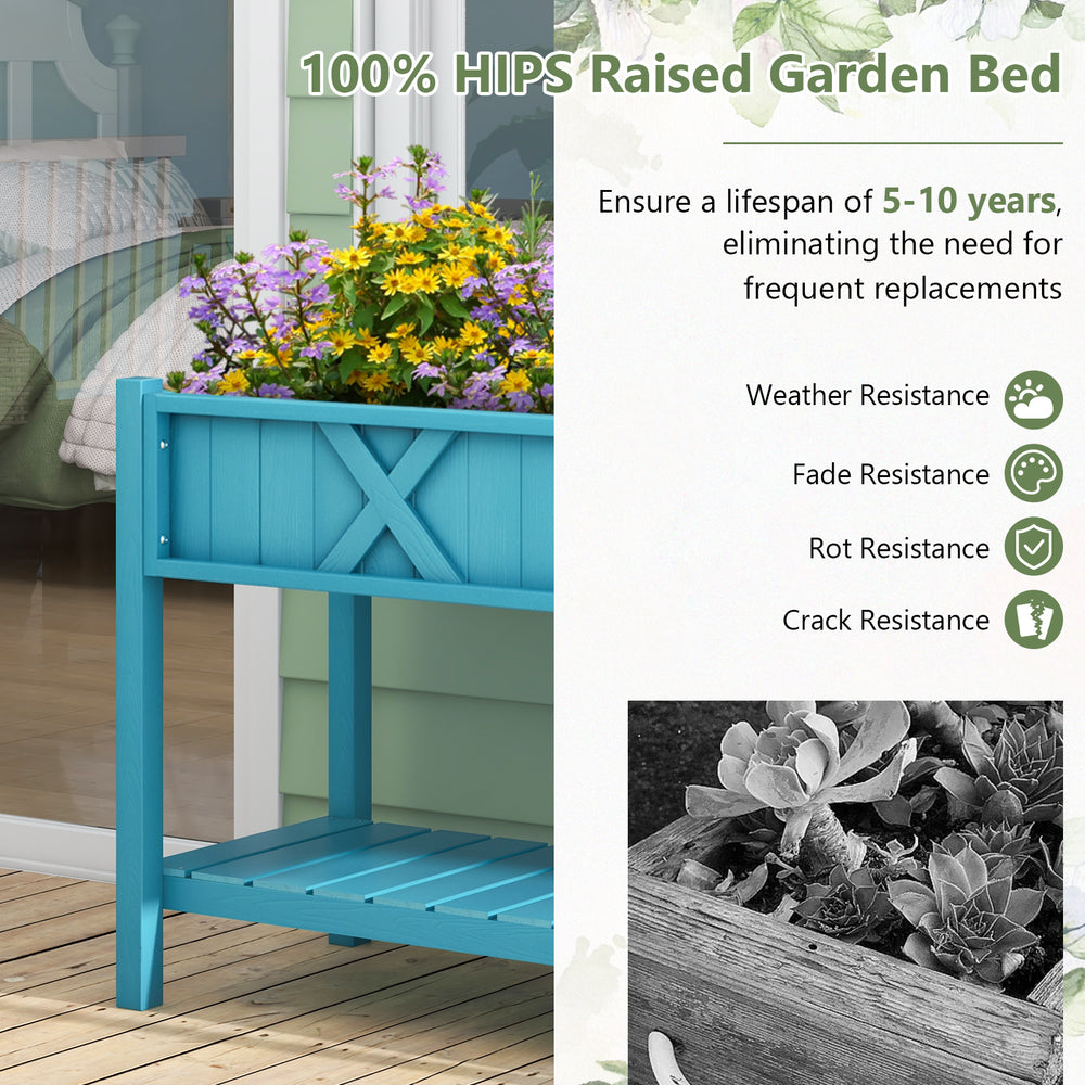 Blue Poly Wood elevated planter box with legs, crafted from 100% HIPS for durability, featuring drainage holes for.