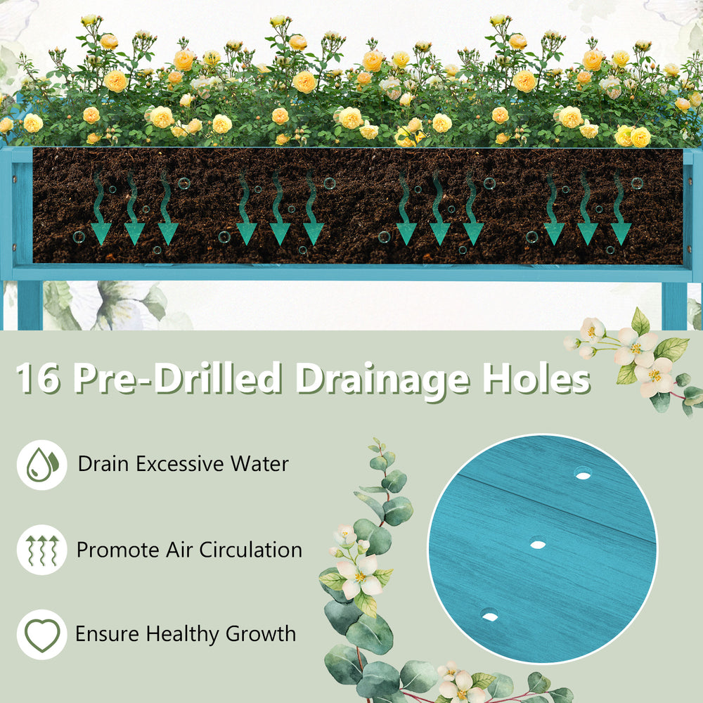 Poly wood elevated planter box in blue with 16 pre-drilled drainage holes for healthy plant growth and air circulation.