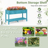 Blue elevated planter box with legs, featuring a storage shelf and drainage holes, ideal for flowers, herbs, and.