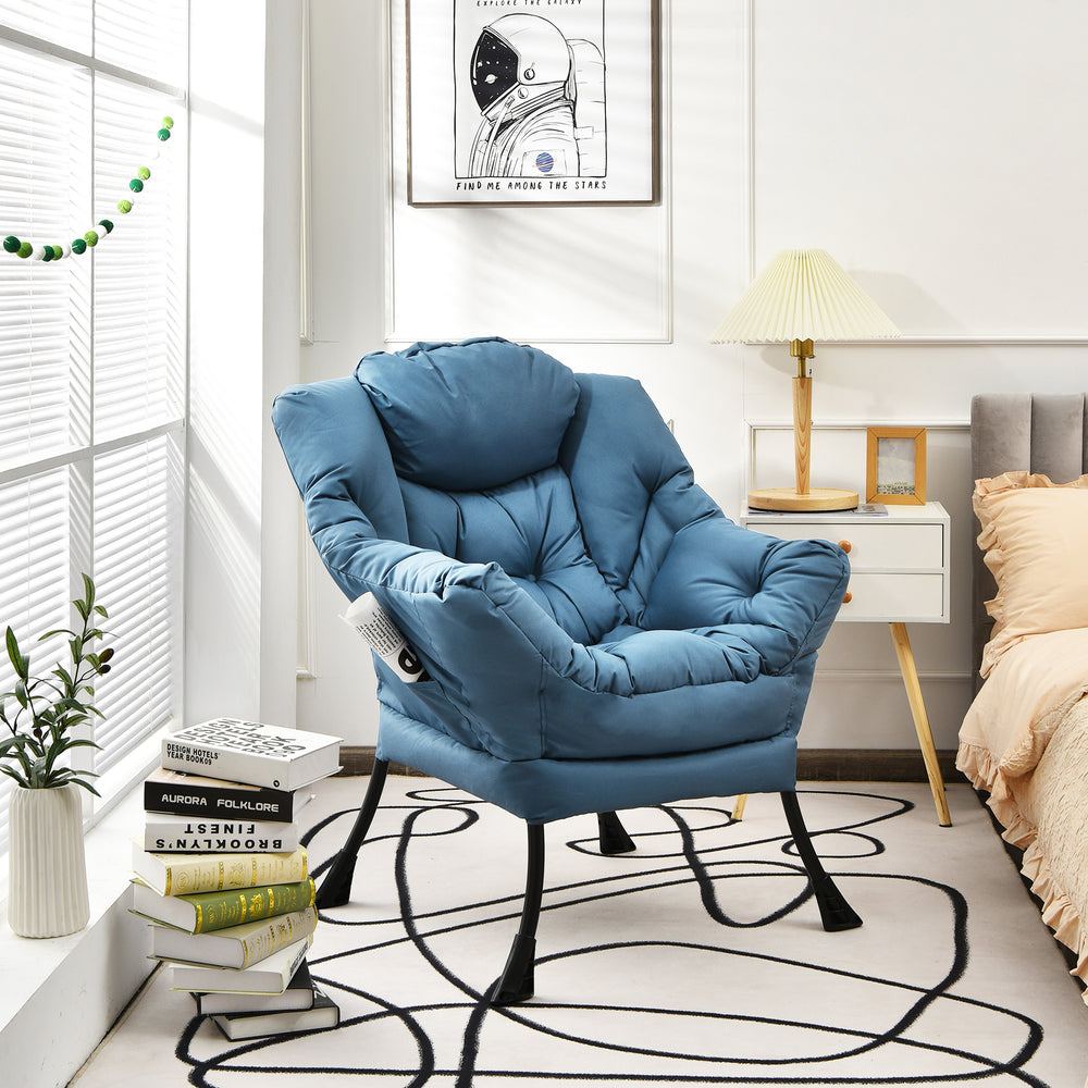 Modern Polyester Fabric Lazy Chair with Steel Frame and Side Pocket-Navy - Gallery View 1 of 14