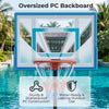 Oversized shatterproof PC backboard of the pool basketball hoop, designed for lasting outdoor use and stability.