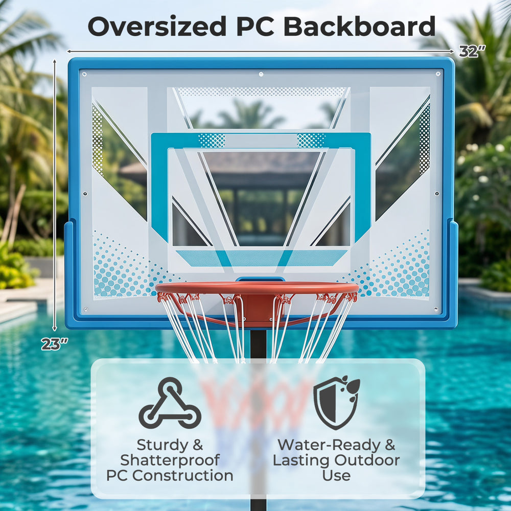 Oversized shatterproof PC backboard of the pool basketball hoop, designed for lasting outdoor use and stability.