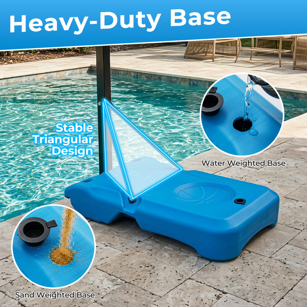 Heavy-duty triangular base of the pool basketball hoop, designed for stability with water or sand filling options.