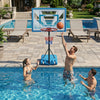 Pool basketball hoop with adjustable height, shatterproof backboard, and stable base for fun outdoor play.