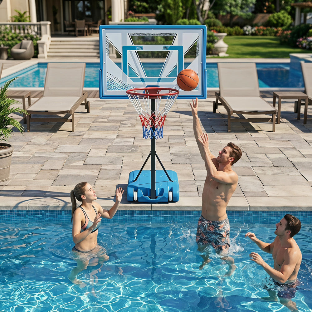 Pool basketball hoop with adjustable height, shatterproof backboard, and stable base for fun outdoor play.