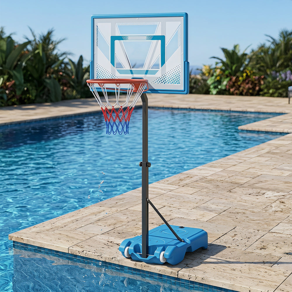 Pool basketball hoop featuring a sturdy metal support frame and convenient ball holder for organized and fun gameplay.
