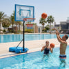 Pool basketball hoop with adjustable height, shatterproof backboard, and weighted base for stable outdoor play.
