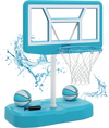Pool basketball hoop set in blue with shatterproof backboard, includes 2 balls and pump for water games.