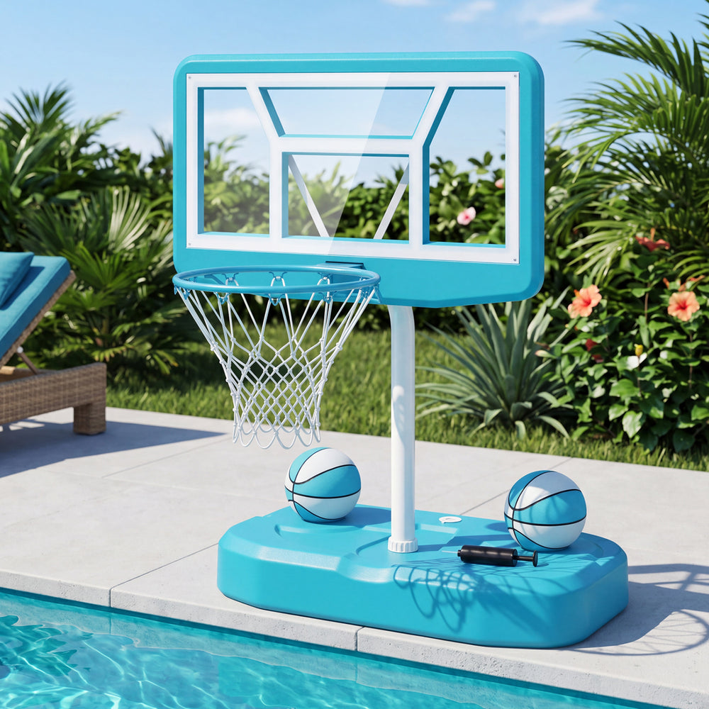 Blue pool basketball hoop set featuring a sturdy backboard and integrated ball storage for convenient outdoor play.