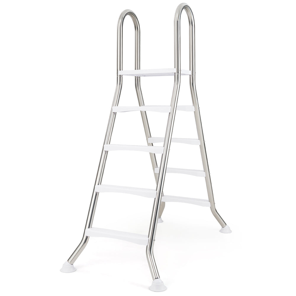 A-frame 4-step pool ladder made of heavy-duty stainless steel, designed for above ground pools up to 55" wall height.