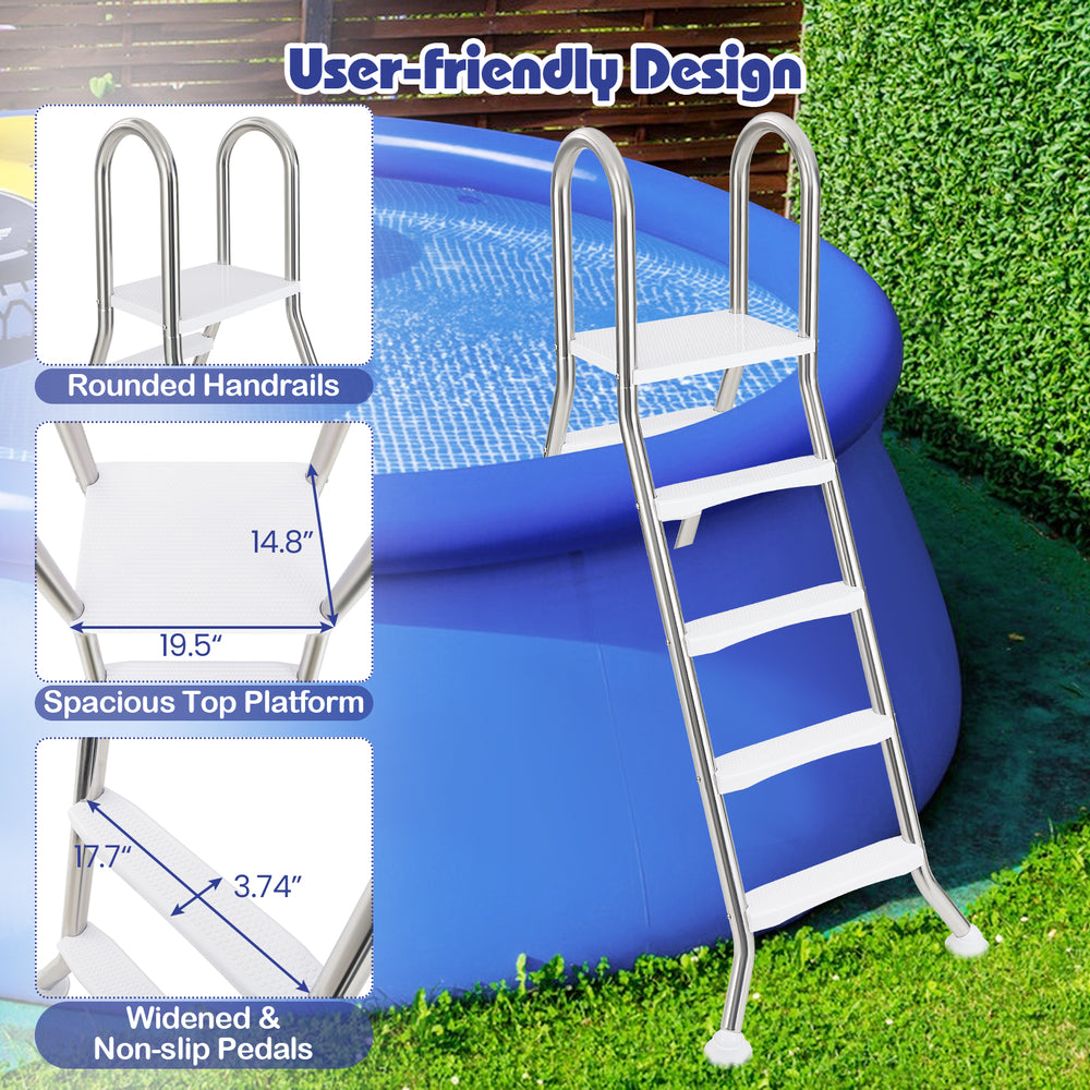 A-frame 4-step pool ladder with stainless steel construction, non-slip steps, and wide top platform for above ground.