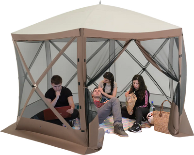 Costway 6-Sided Pop-Up Gazebo Screen House Hub Tent Mesh Walls Coffee 86714935 New