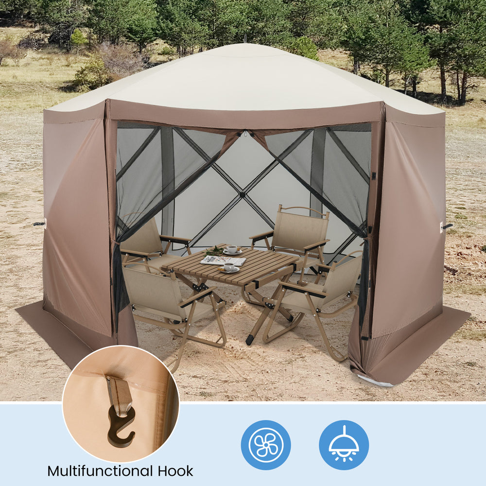 Pop-up gazebo tent with mesh netting walls, featuring a zippered door and multifunctional hook for outdoor gatherings.