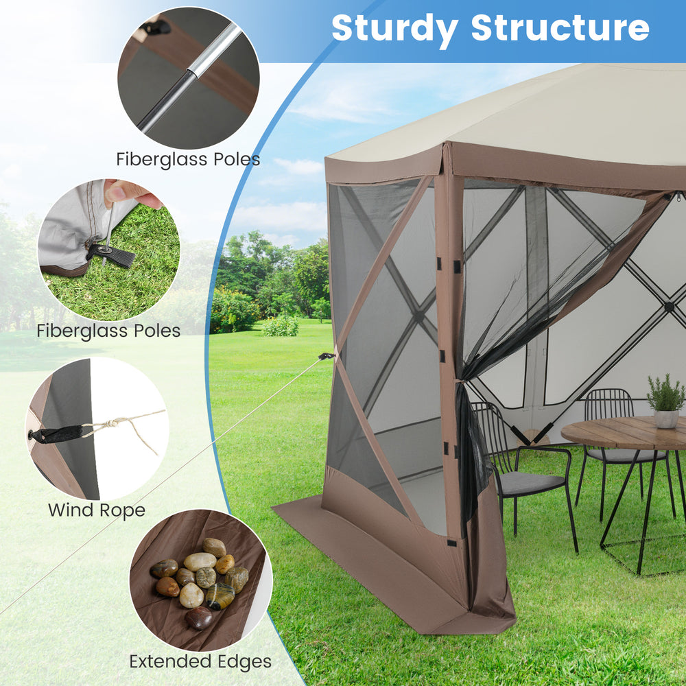 Pop-up gazebo with mesh netting walls and sturdy fiberglass poles, ideal for outdoor gatherings and privacy enhancement.