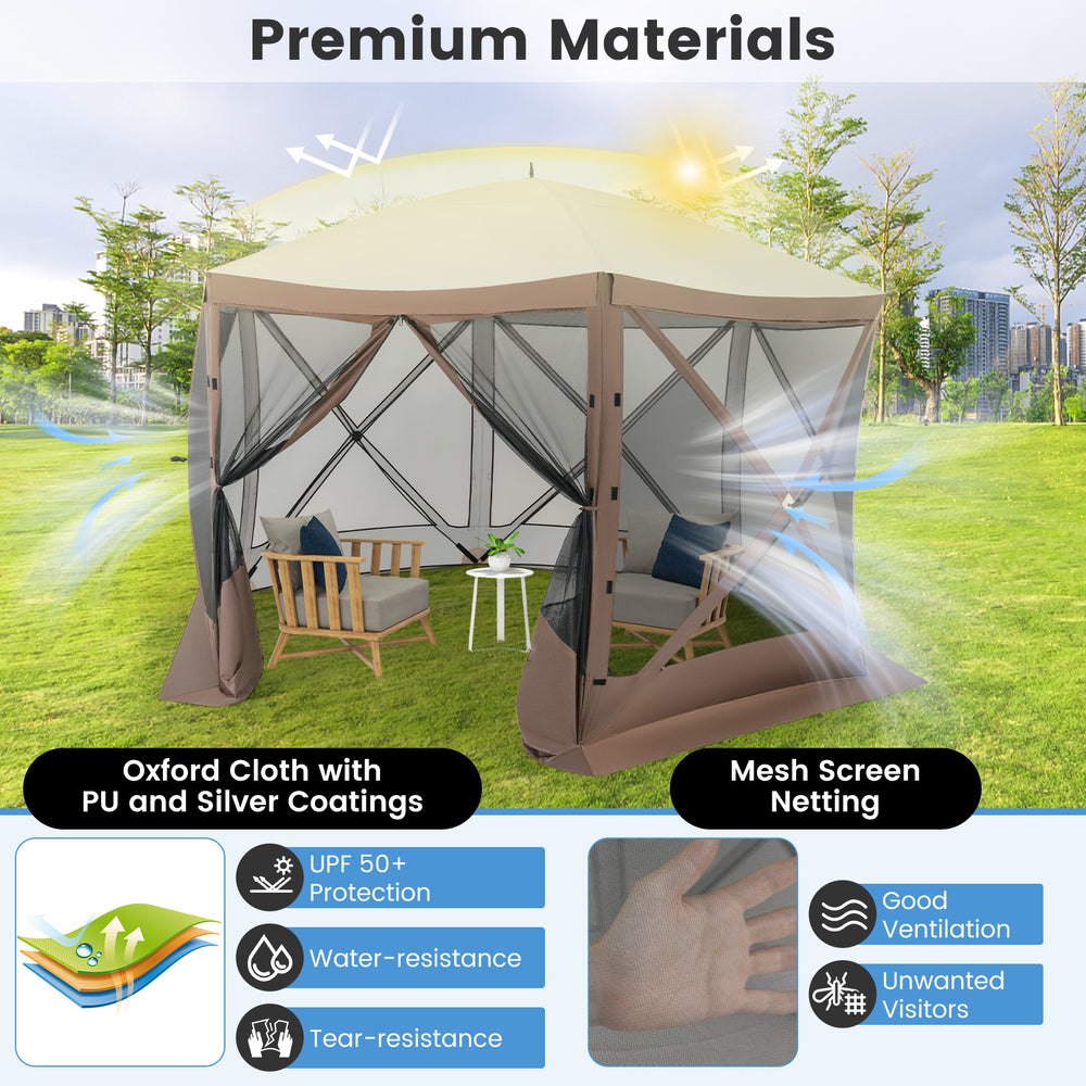Pop-up gazebo with mesh netting walls, 11.5 x 11.5 ft, made of tear-resistant oxford cloth for outdoor privacy and.