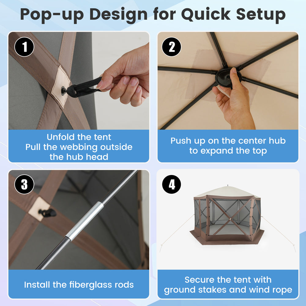 Pop-up gazebo tent with mesh netting walls, 11.5 x 11.5 ft, designed for quick setup and enhanced privacy.