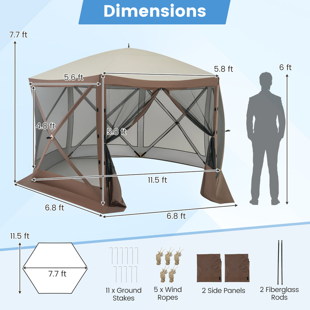 Pop-up gazebo tent with mesh netting walls, 11.5 x 11.5 ft, coffee color, designed for easy setup and outdoor privacy.