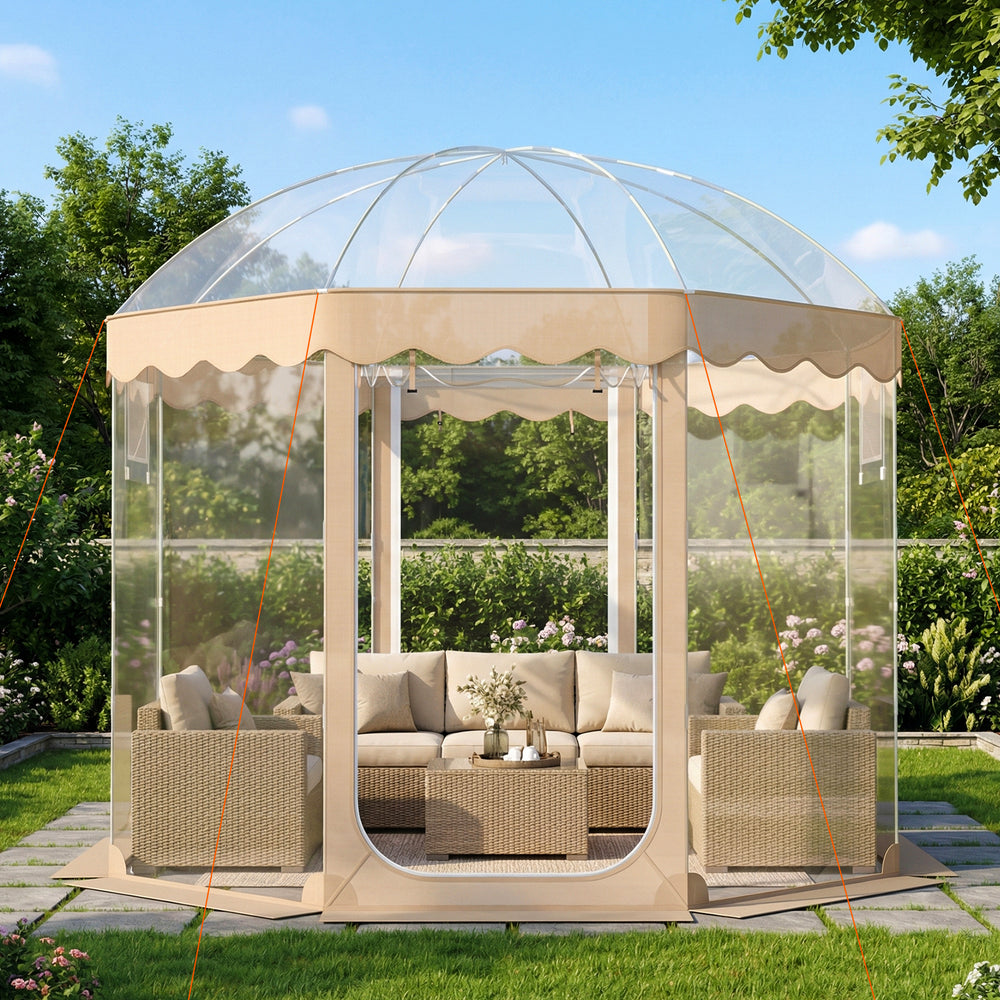 Pop-up bubble tent with panoramic clear PVC, 10x10 ft, ideal for gatherings and weatherproof for outdoor use.