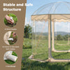 Pop-up bubble tent with 540° panoramic clear PVC, secured with wind ropes, stakes, and sandbags for stability.