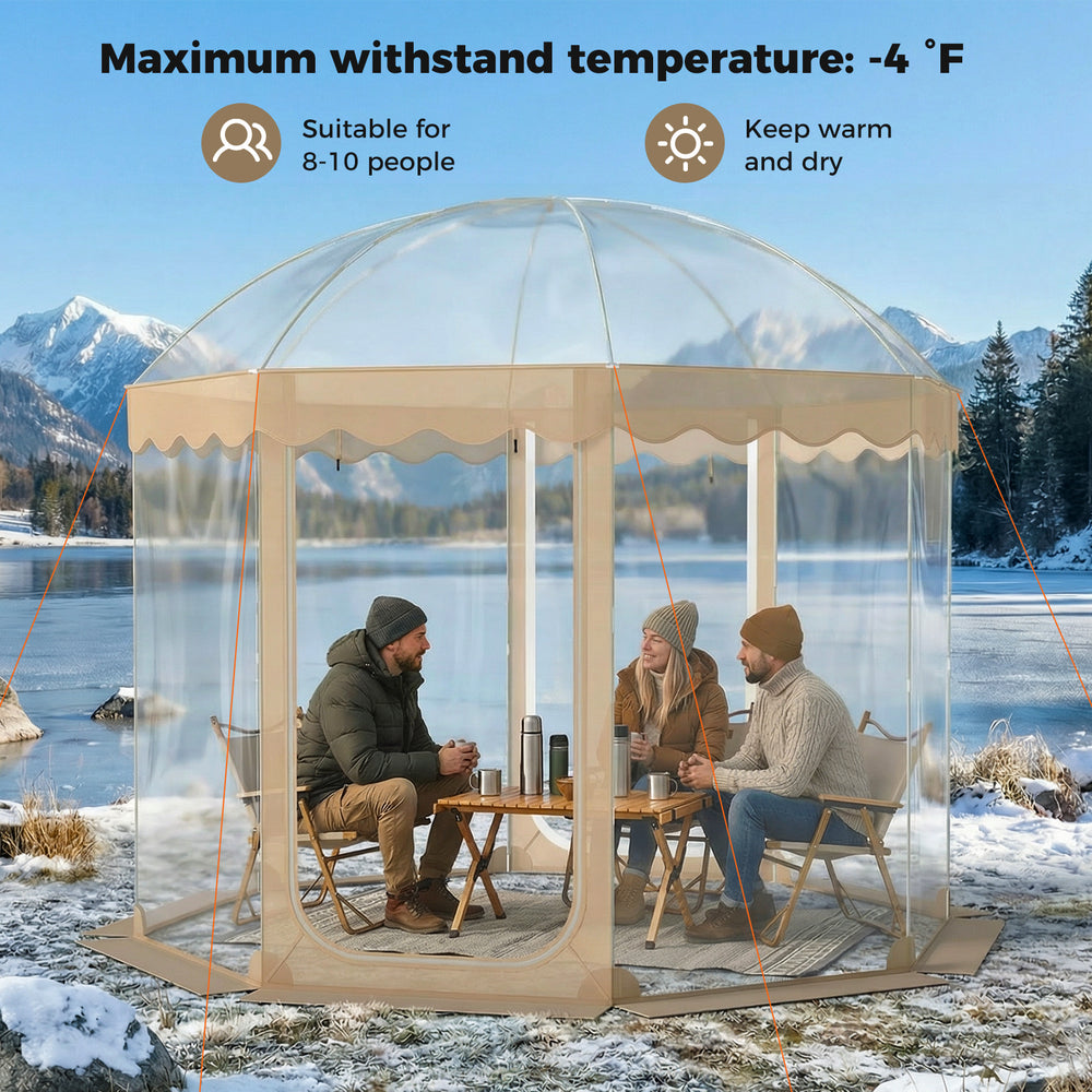 Pop-up bubble tent for 8-10 people, 10x10 ft, weatherproof with panoramic views, ideal for camping and gatherings.