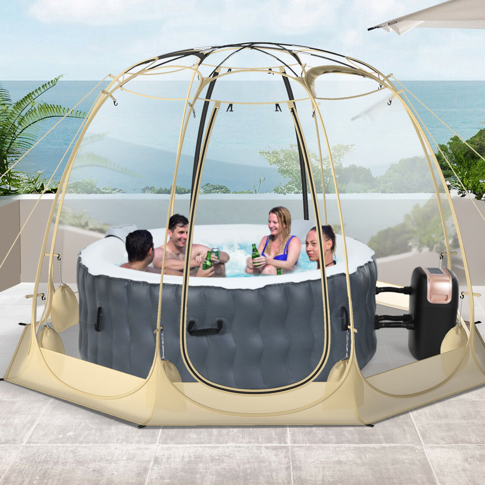 Pop Up Bubble Tent 8.5 x 8.5 FT with transparent PVC, spacious for 5-6 people, ideal for outdoor gatherings.