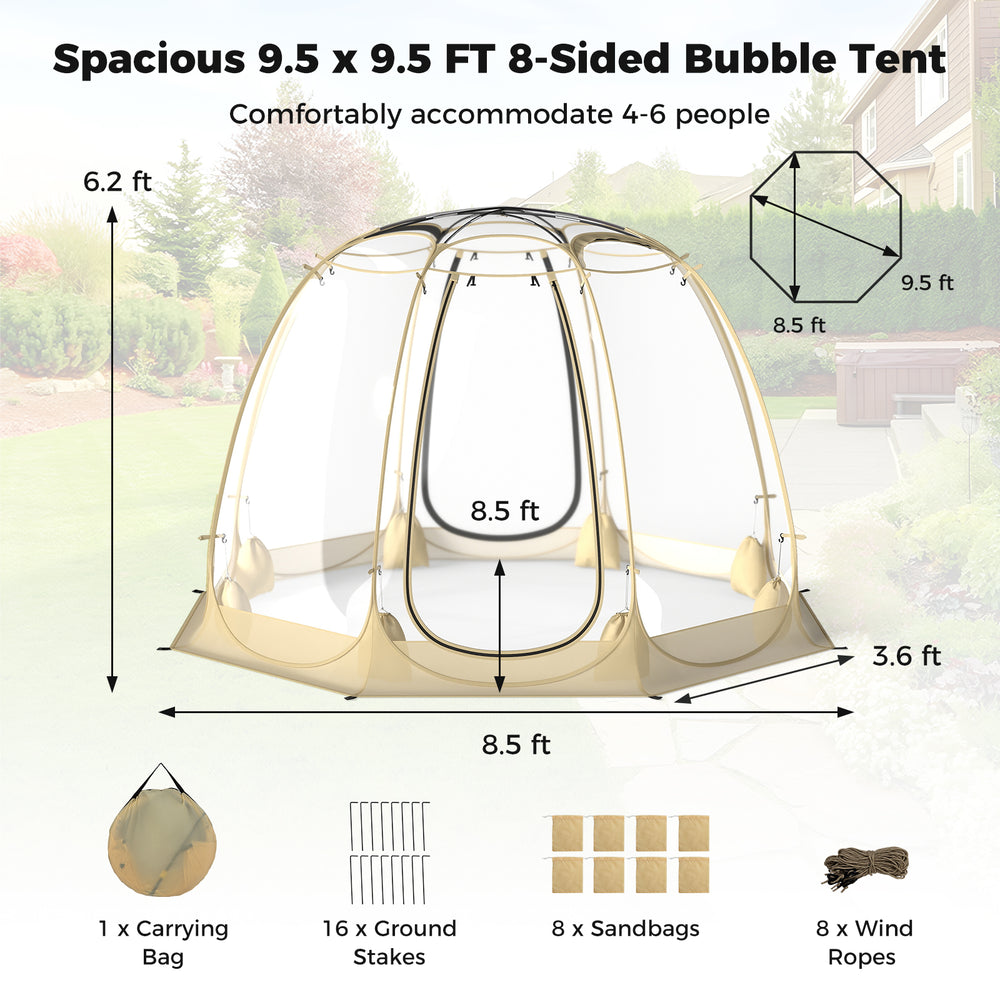 Spacious 8.5 x 8.5 FT pop-up bubble tent with transparent PVC walls, ideal for 5-6 people, perfect for outdoor.