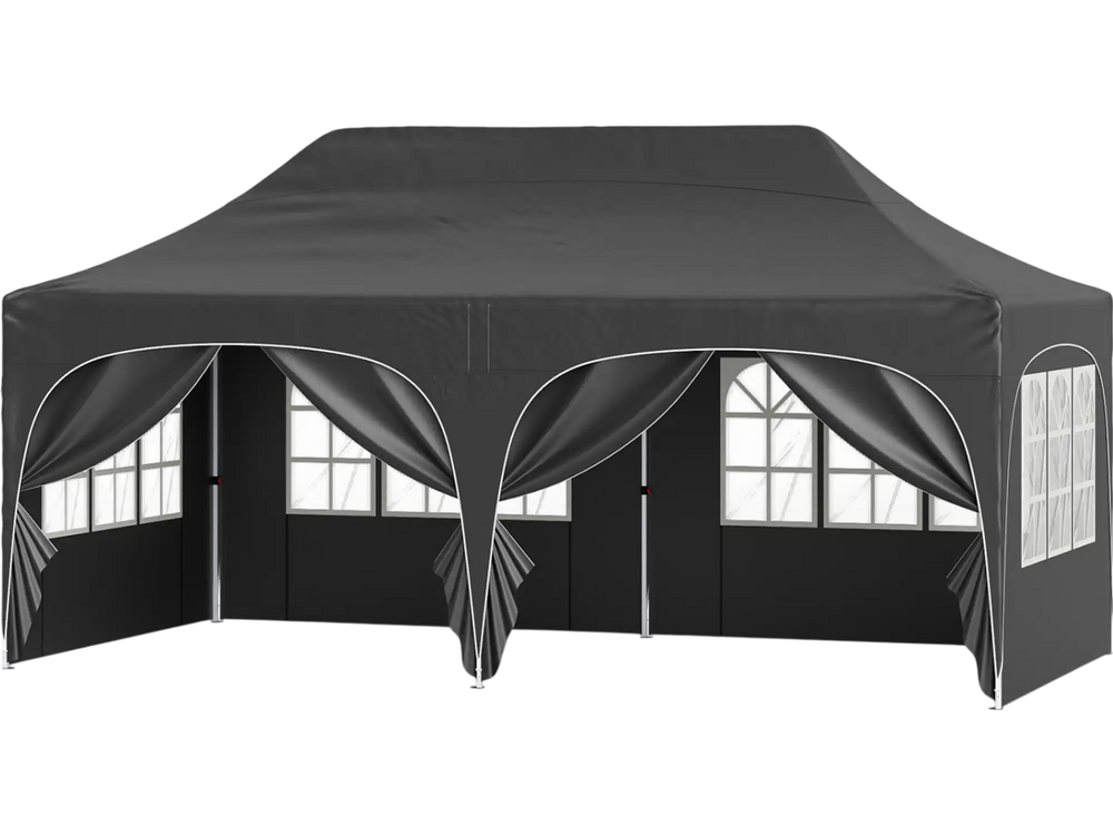 Black pop-up canopy tent with 6 removable sidewalls, 10 x 20 ft, ideal for outdoor events and patio gatherings.