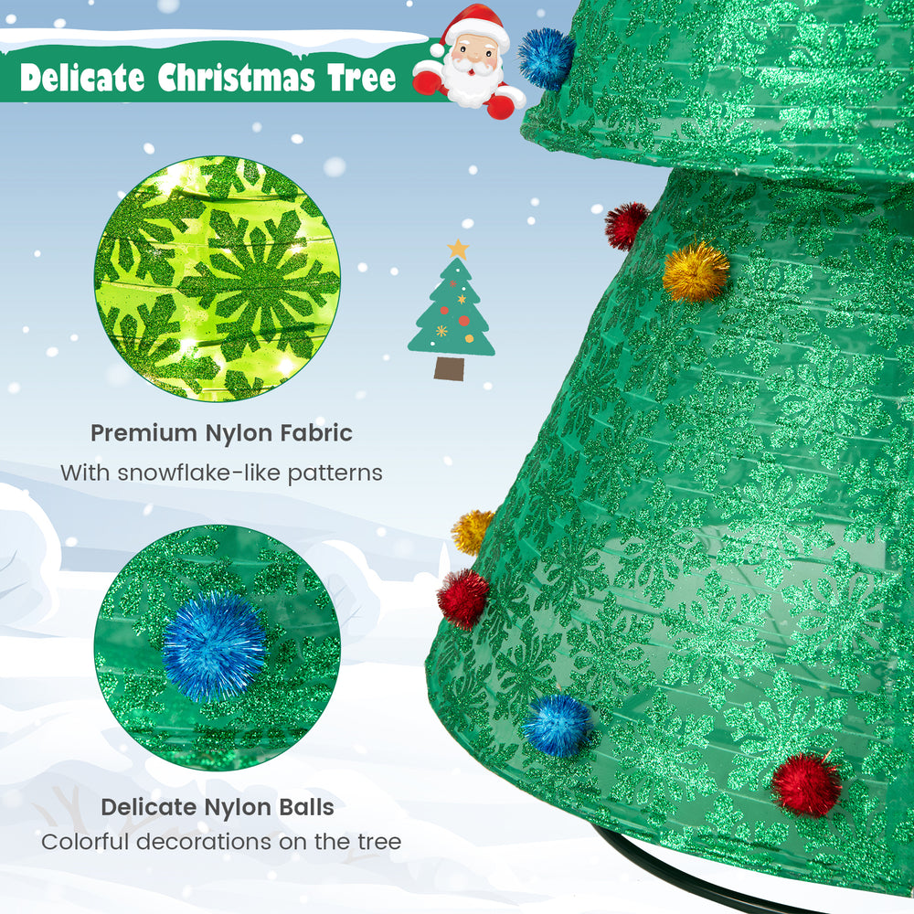 Pop-up Christmas tree featuring premium nylon fabric with snowflake patterns and colorful nylon ball decorations.