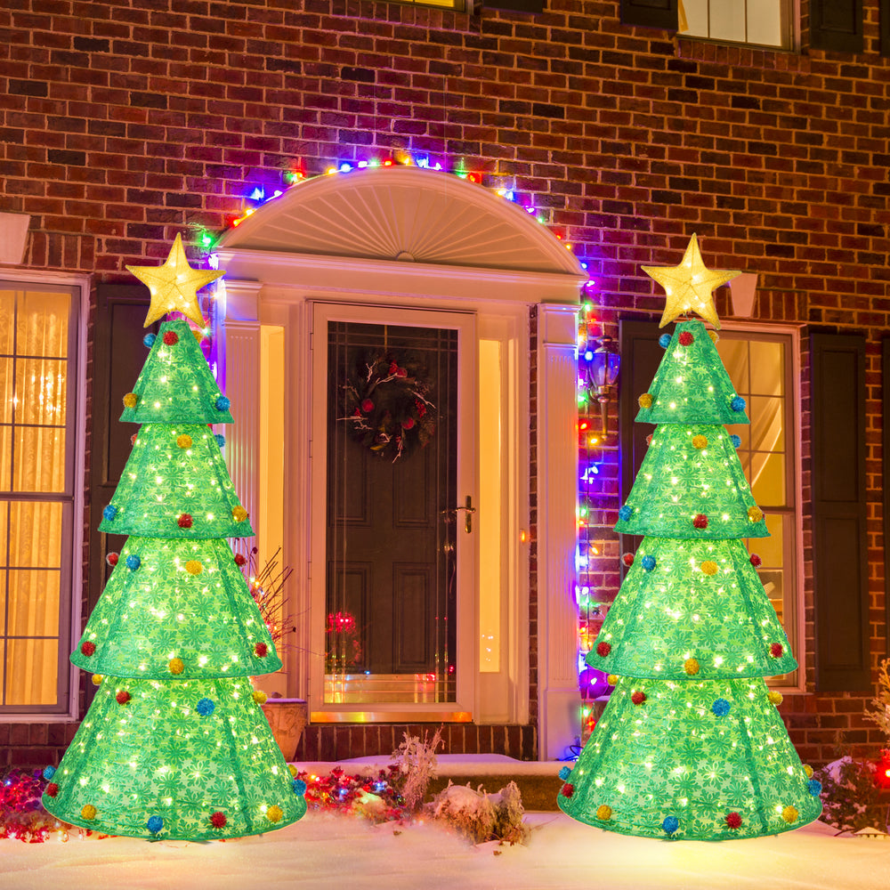 Two pop-up Christmas trees with 200 warm white LED lights, featuring colorful decorations, for festive indoor and.