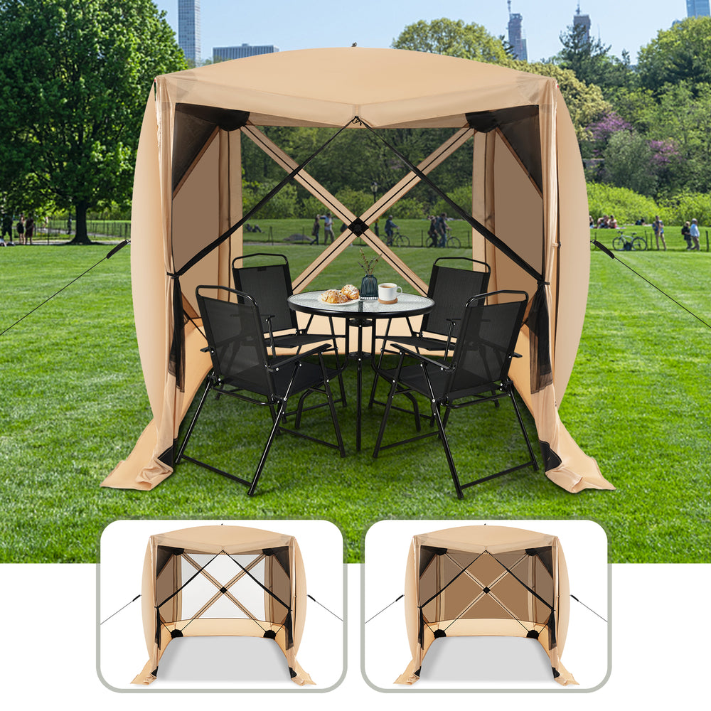 Pop-up gazebo with mesh walls, 6.7ft x 6.7ft shade area, ideal for outdoor picnics and gatherings.