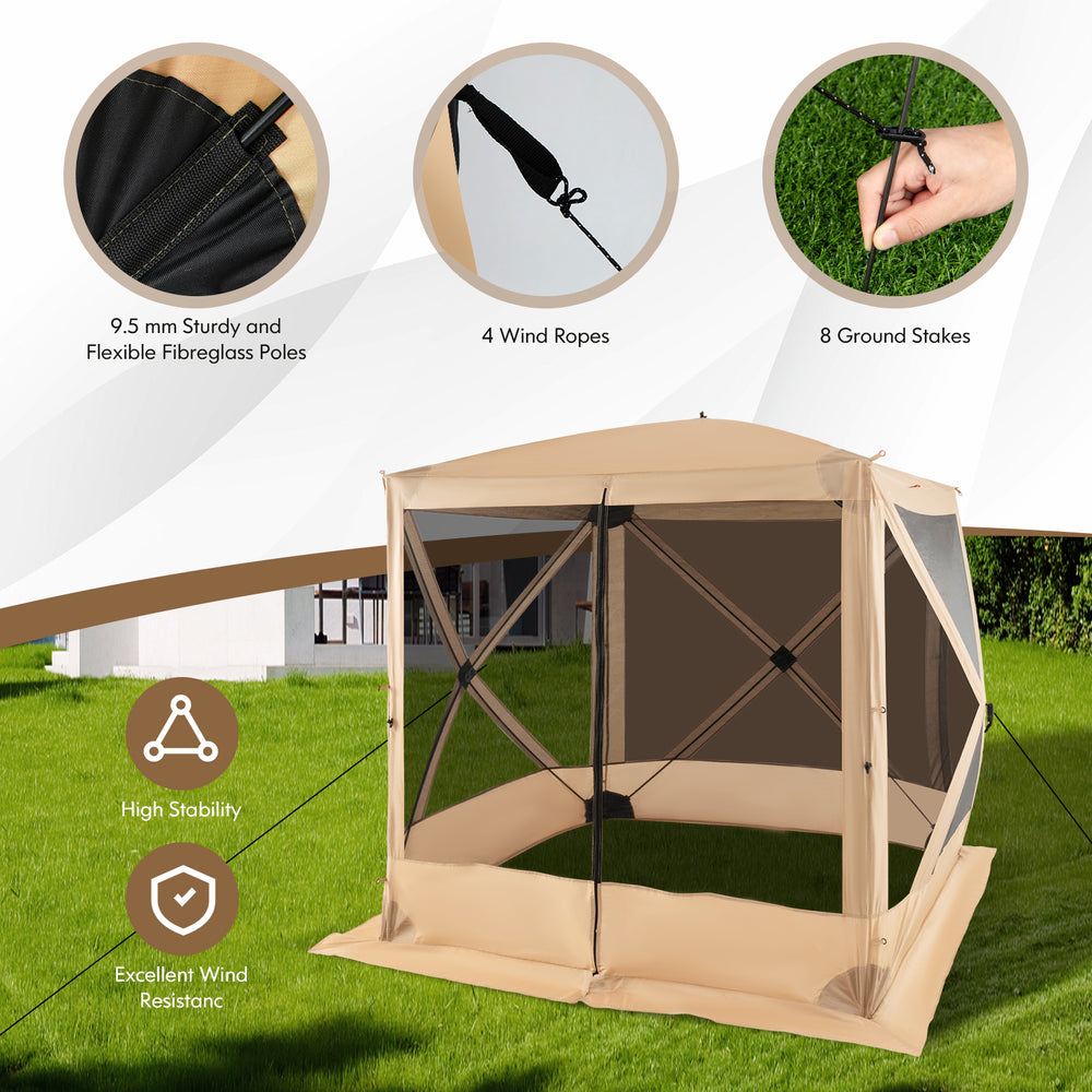Pop up gazebo with netting, 6.7 x 6.7 feet, featuring fibreglass poles and wind ropes for outdoor gatherings.