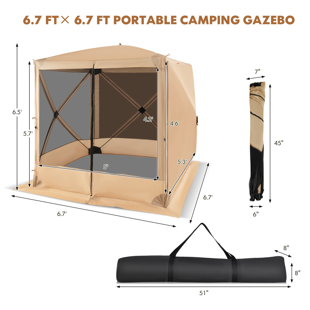 6.7 x 6.7 ft portable camping gazebo with mesh walls, sun-proof fabric, and carry bag, ideal for outdoor gatherings.