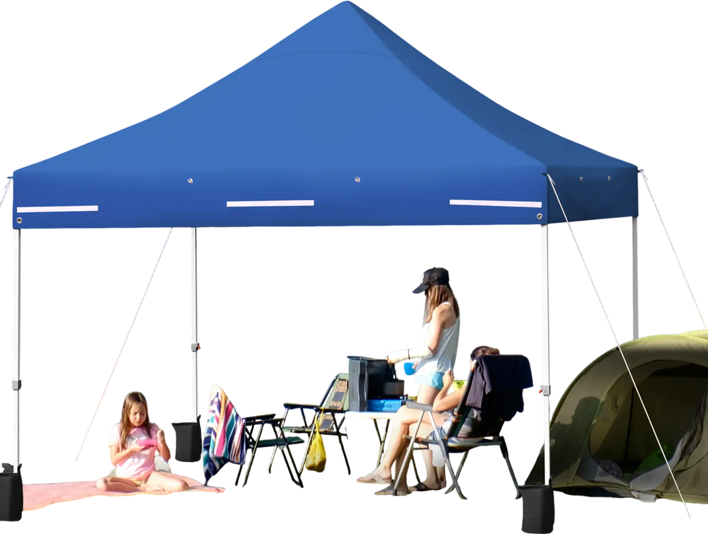 Blue 10 x 10 feet pop-up gazebo with removable sidewalls, providing sunshade for outdoor activities like camping and.